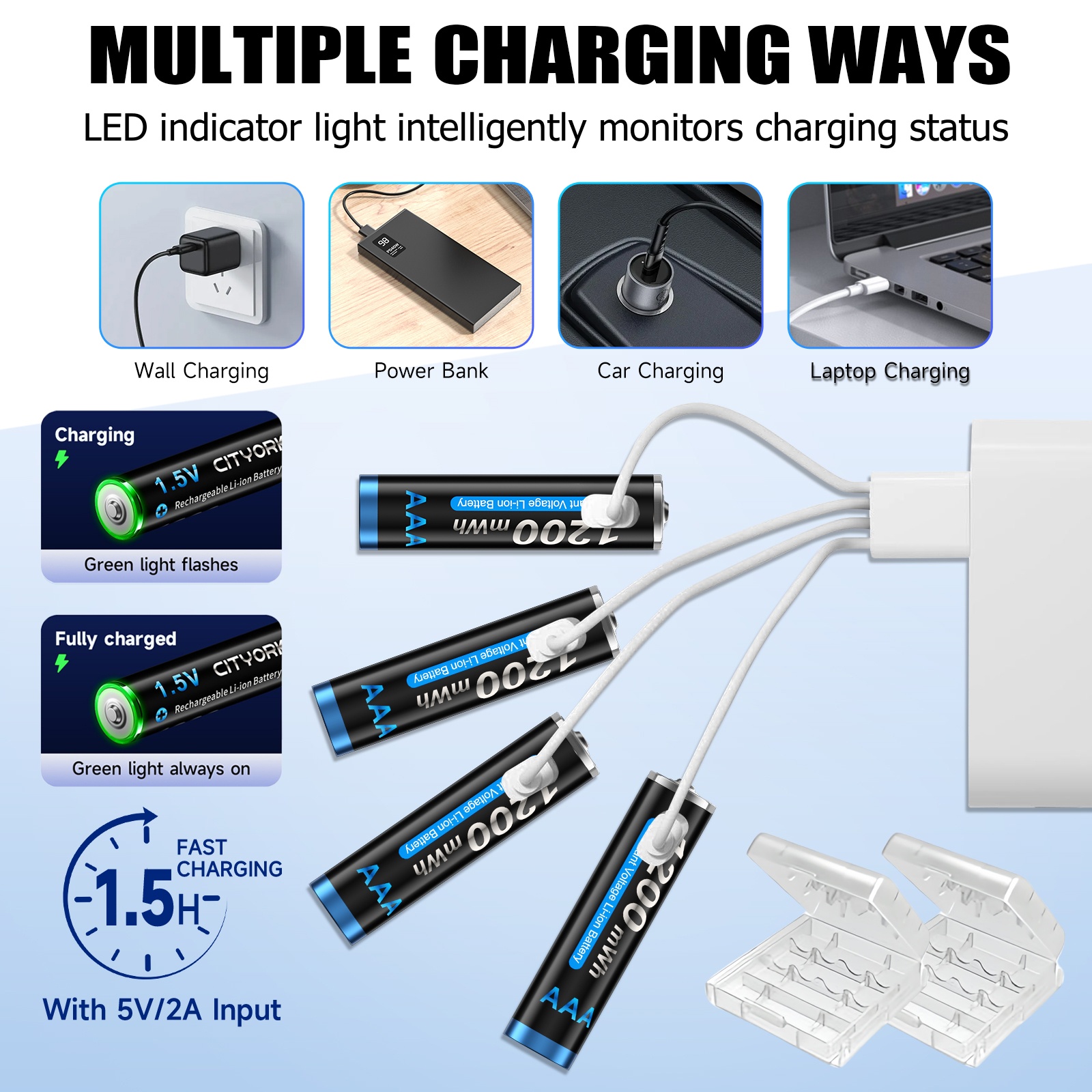 CITYORK 8 Pack USB 1.5V AAA 1200mWh Lithium Rechargeable Battery with TYPE -C Cable