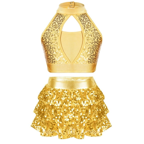 YONGHS Kids Girls Sequins Jazz Latin Ballet Dance Outfits Crop Top Vest with Skirted Shorts Set Gold 14