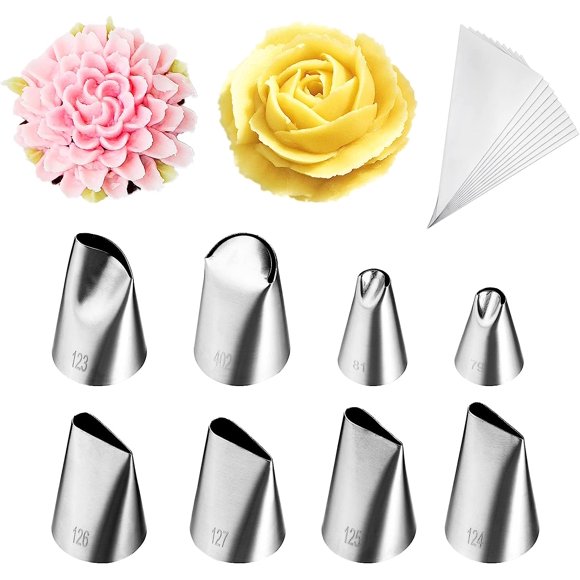 Kasmoire 8 Pcs Rose Flower Piping Tips Set,Petal Icing Tips with 10 Pcs Disposable Piping Bags for Cake Decorating