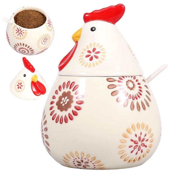 FKSZLL 17 Oz Ceramic Chicken Salt Cellar With Lid and Spoon Ceramic Rooster Shape Spice Jars for Salt Sugar Coffee Countertop, Red