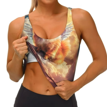 Qokaie Cute Cloud Pomeranian Pattern Womens Scoop Neck Sports Bra Breathable Workout Vest Padded U Back Medium Impact Fitness Gym Yoga Bra Workout Crop Top