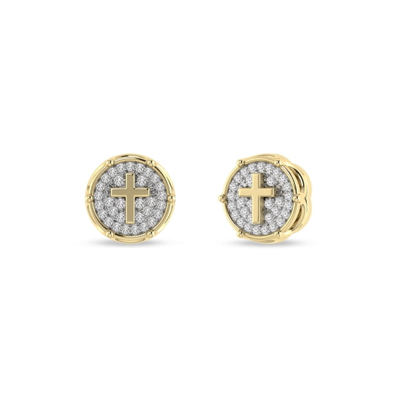 Cross earrings for Mens in 10K Yellow Gold 0.40 Cttw Natural Diamonds Circle Shape Push Back Studs