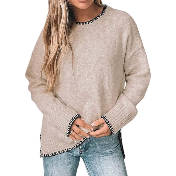 Suéter de Cuello Redondo para Mujer, Larga, Tejido con Abertura Lateral, Otoño-Invierno 2025. Caqui L