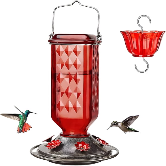 ACDANC Glass Hummingbird Feeder with Ant Moat- 6-Port Bee-Proof Outdoor Hanging Feeder for Garden, Leak-Proof Base, Bird Feeding Gift (Red)