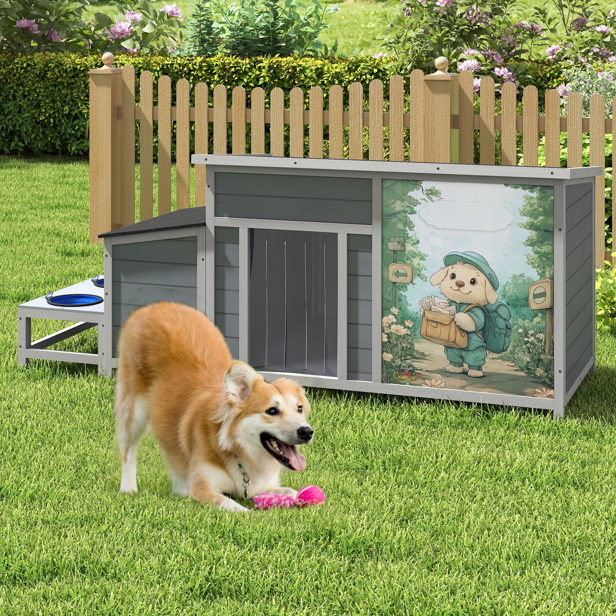 Jaxpety Large Outdoor Dog House, Winter Weatherproof Wooden Dog Kennel with Slow Feed Bowls, Gray