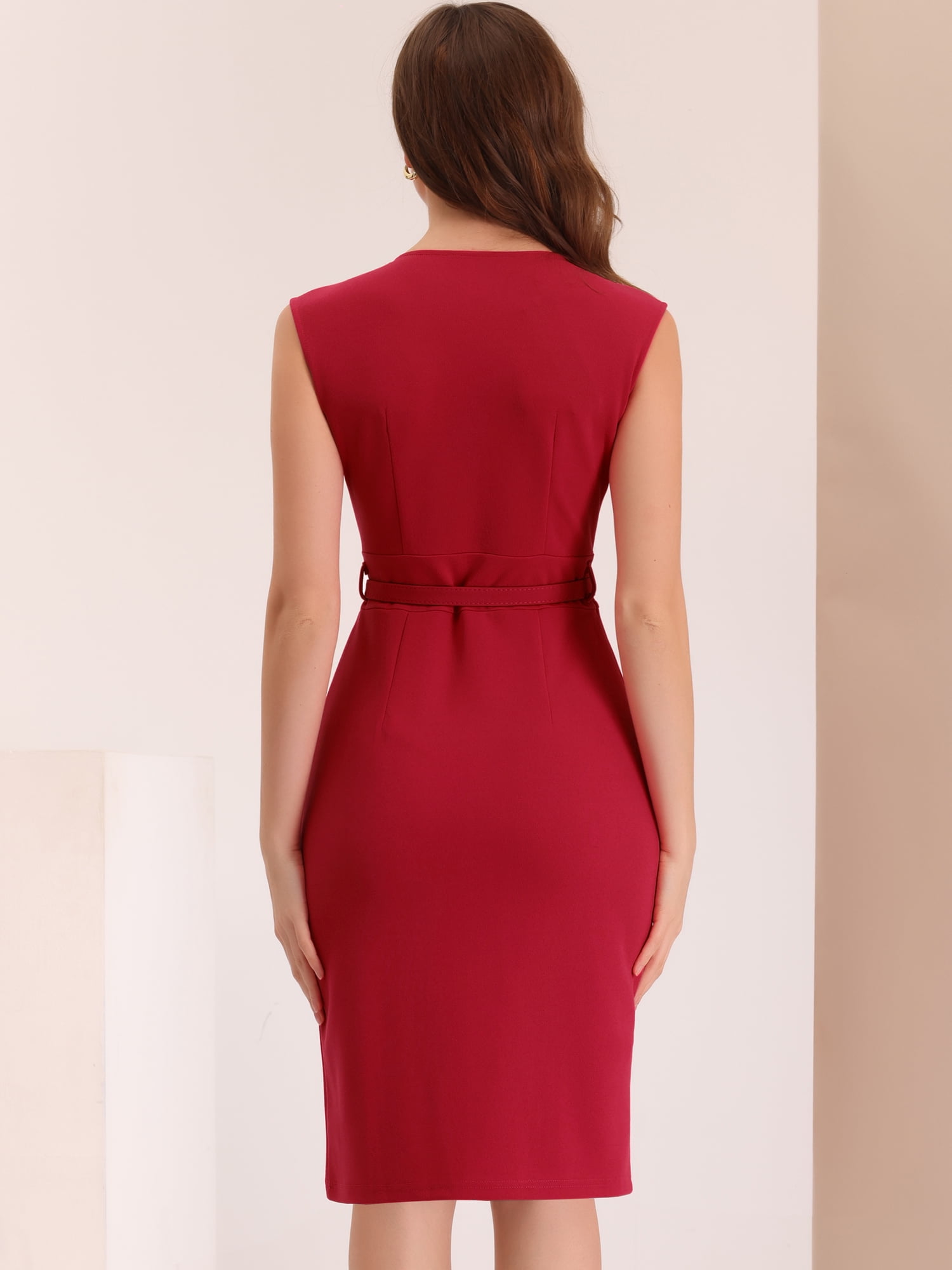DARING DIVA Pencil Sleeveless Wrap V Neck Belted Office Dresses M Red