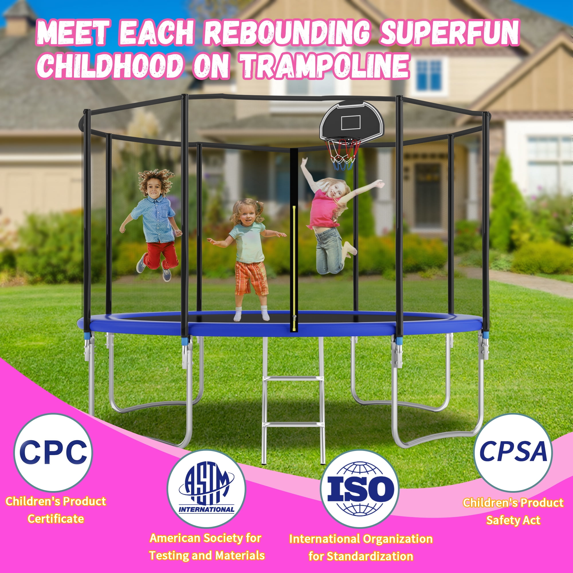 Shengchao Trade 1000LBS 12FT Trampoline for Adults and Kids,Trampoline with Enclosure,Basketball Hoop, Light,Recreational Trampoline with Ladder, Heavy Duty Trampoline Capacity for 4-6 Kids