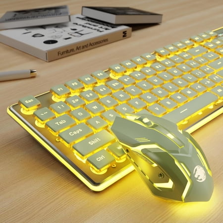 V3 Wireless Keyboard and Mouse with Single Backlit Metal Panel Bluetooth/2.4G Rechargeable Silent Keyboard and Mouse Combo Light up Full Size Cute Keyboards-Green