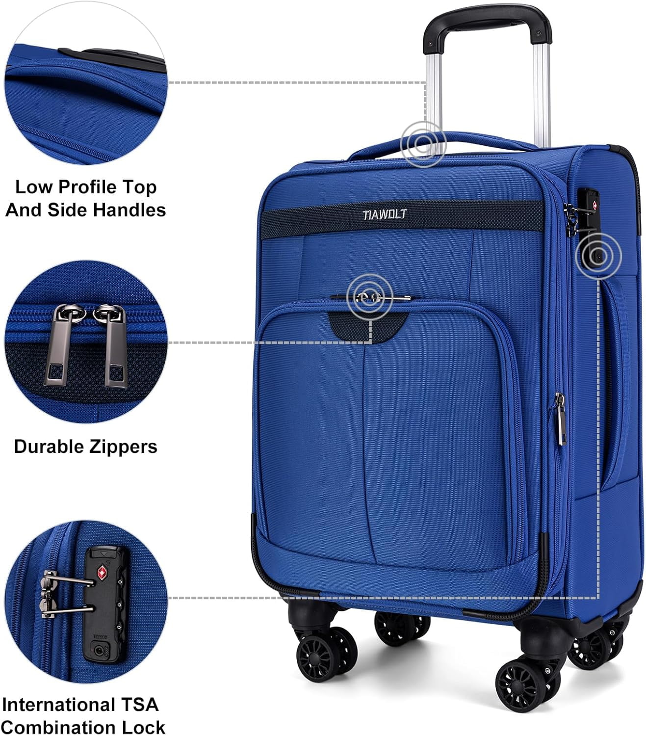 TIAWOLT Carry On Luggage 22x14x9 Airline Approved with Wheels Softside Expandable Luggage Suitcase with TSA Lock-Blue