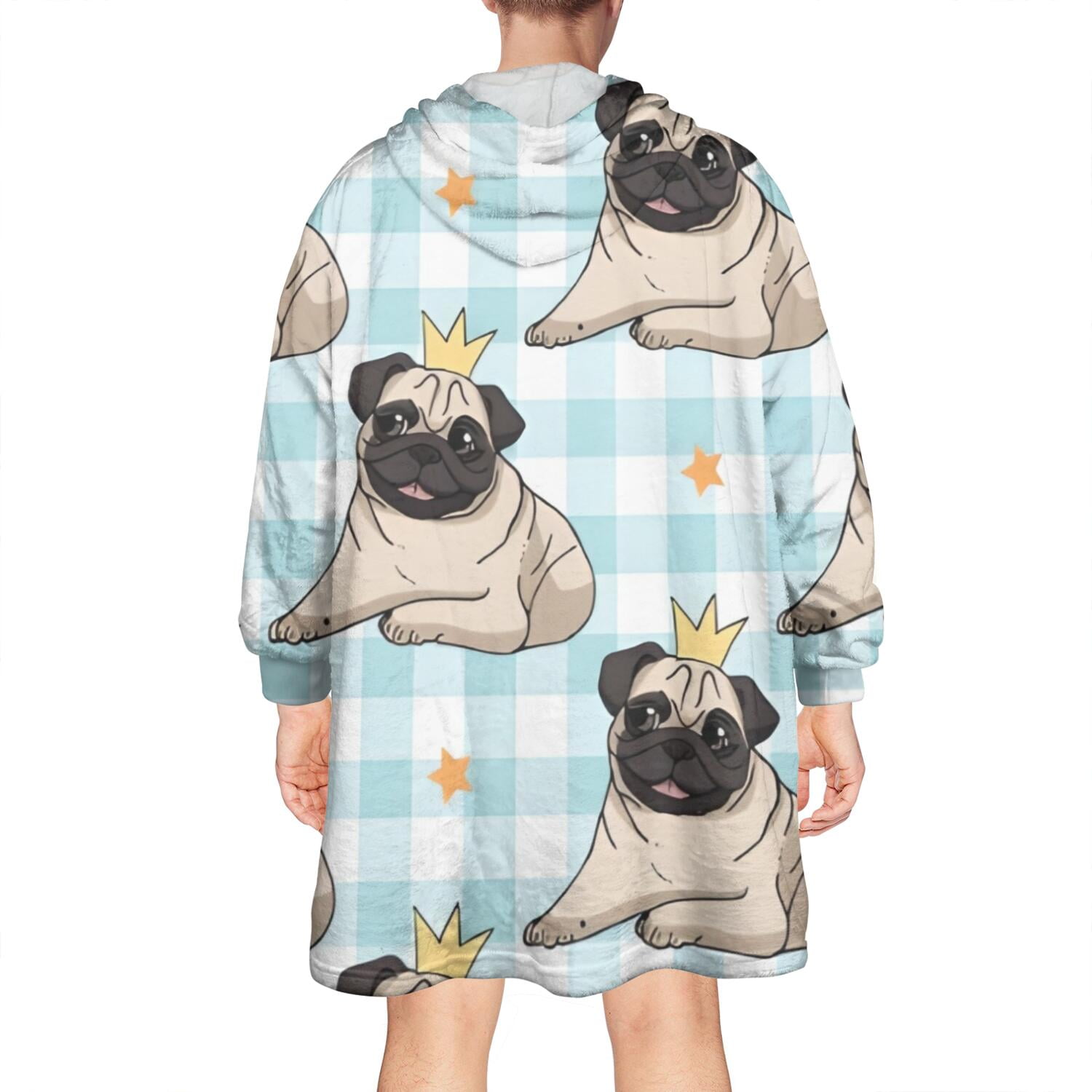 Pug with Crown Wearable Oversized Blanket,Wearable Blanket Hoodie for Adults,Cozy Hooded Blankets with Super Pockets,Super Warm Fuzzy Pullover for Women & Men