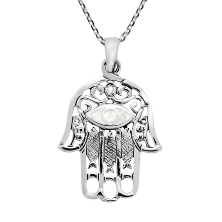 Hamsa Hand with Evil Eye White Mother of Pearl Inlaid Sterling Silver Necklace