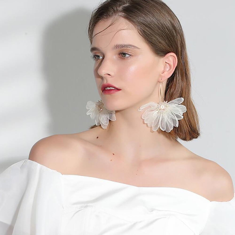 Large Fabric Flower Earrings – 10cm Chiffon Statement Earrings For Women, Prom, Wedding, Party Jewelry Gift In Black Or Red 2 thumbnail image