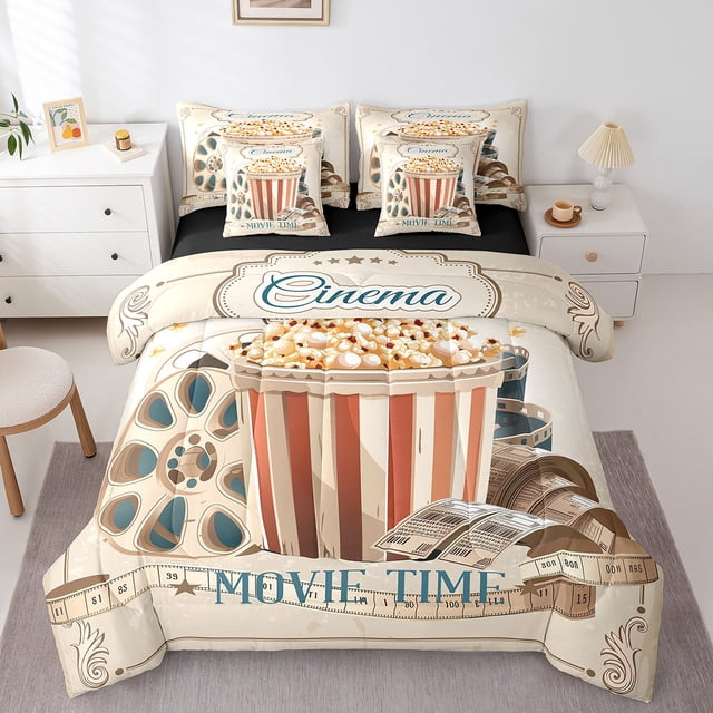 YST Ensemble de Literie Vintage Cinéma 7 Pcs Simple, Lit Popcorn avec Draps pour Enfants Adultes, Ensemble de Lit Moderne Réversible