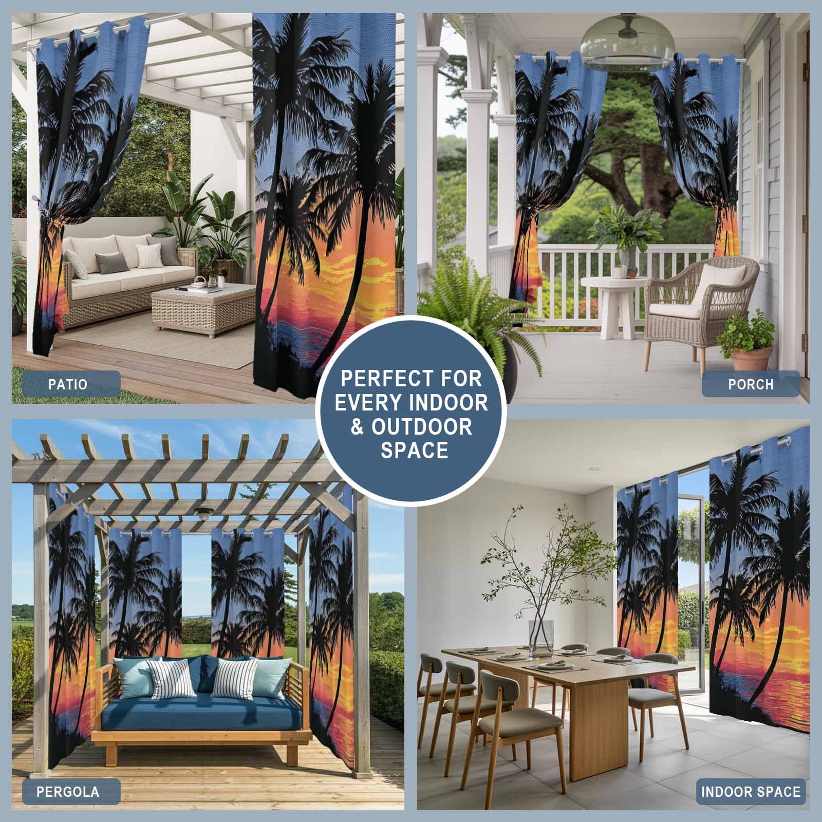 Palm Trees Island Outdoor Curtains for Patio, Summer Tropical Plants Silhouettes Sunset Sunshade Privacy Drapes Grommet Waterproof Outside Curtains for Porch/Cabana/Balcony 54"x 108", 1 Panel