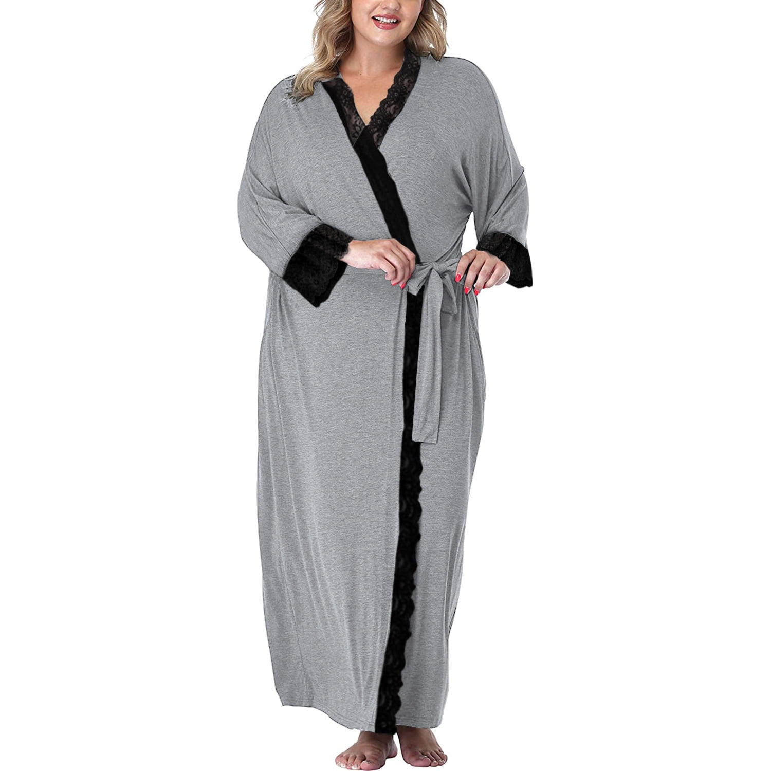 Plnotme Women's Plus Size Robes Long Lightweight Knit Solid Color Lace