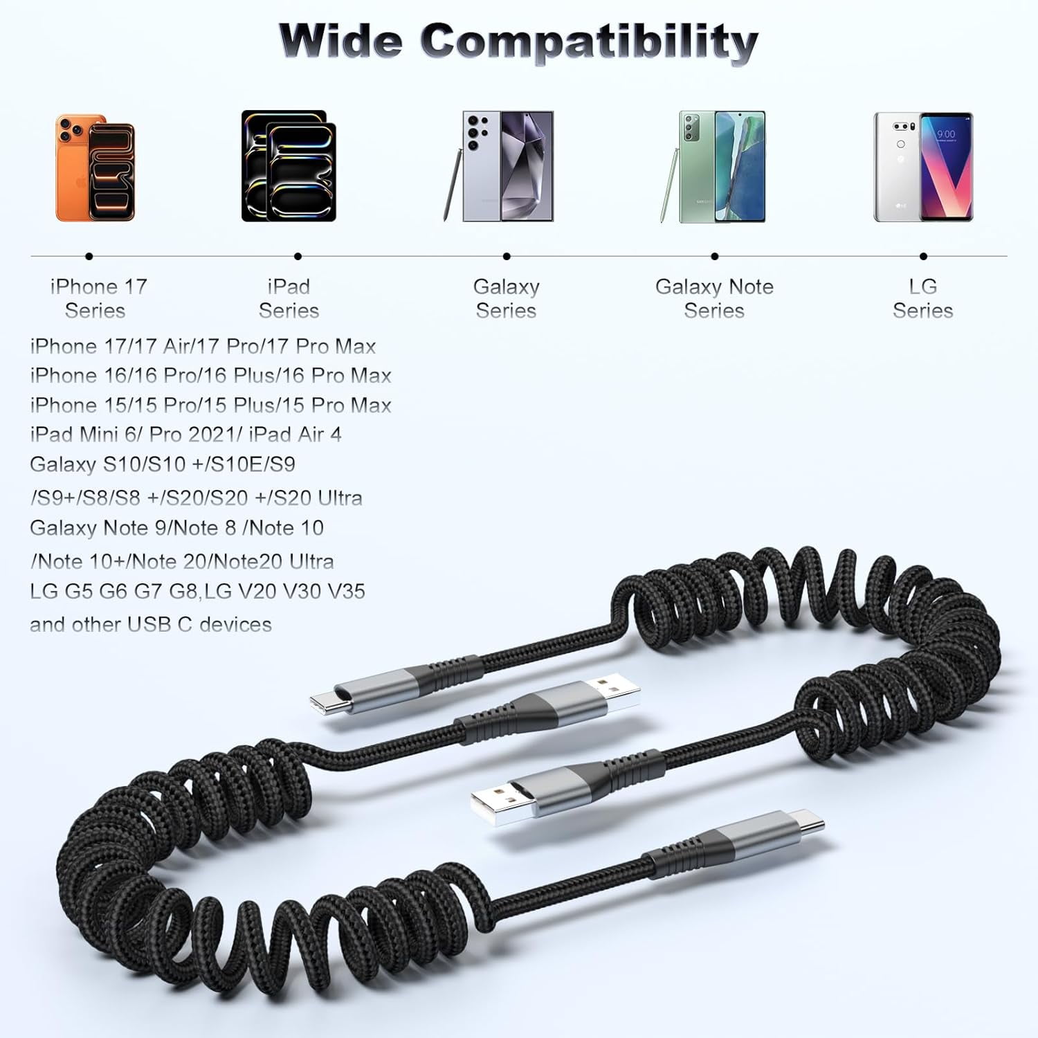 2Pack USB C Charger for Car, Coiled USB A to USB-C Cable Retractable - 3A Fast Charging & Tangle-Free Braided Type-C Cord for iPhone 17/16/15 Series/Pixel/Moto/LG and More (Flexible 1-3Ft)