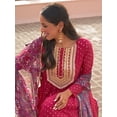 thumbnail image 4 of Janasya Women's Pink Georgette Foil Motif Printed Dress with Palazzo and Dupatta, 4 of 5