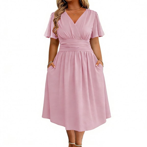 PBFRDSJ Bridesmaid Dresses for Wedding Elegant V Neck Flowy A Line Dress Womens Midi Length Pleated Puff Sleeve Modest Long Sundress