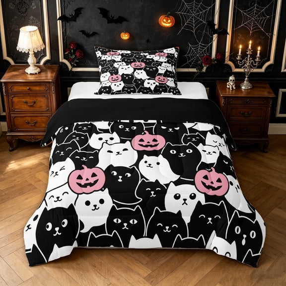 Feelyou Cartoon Halloween Cat Twin Comforter Sets, Spooky Pumpkin Bedding Set, Black White, Black Reversible, 2-Piece, 1 Comforter and 2 Pillowcases
