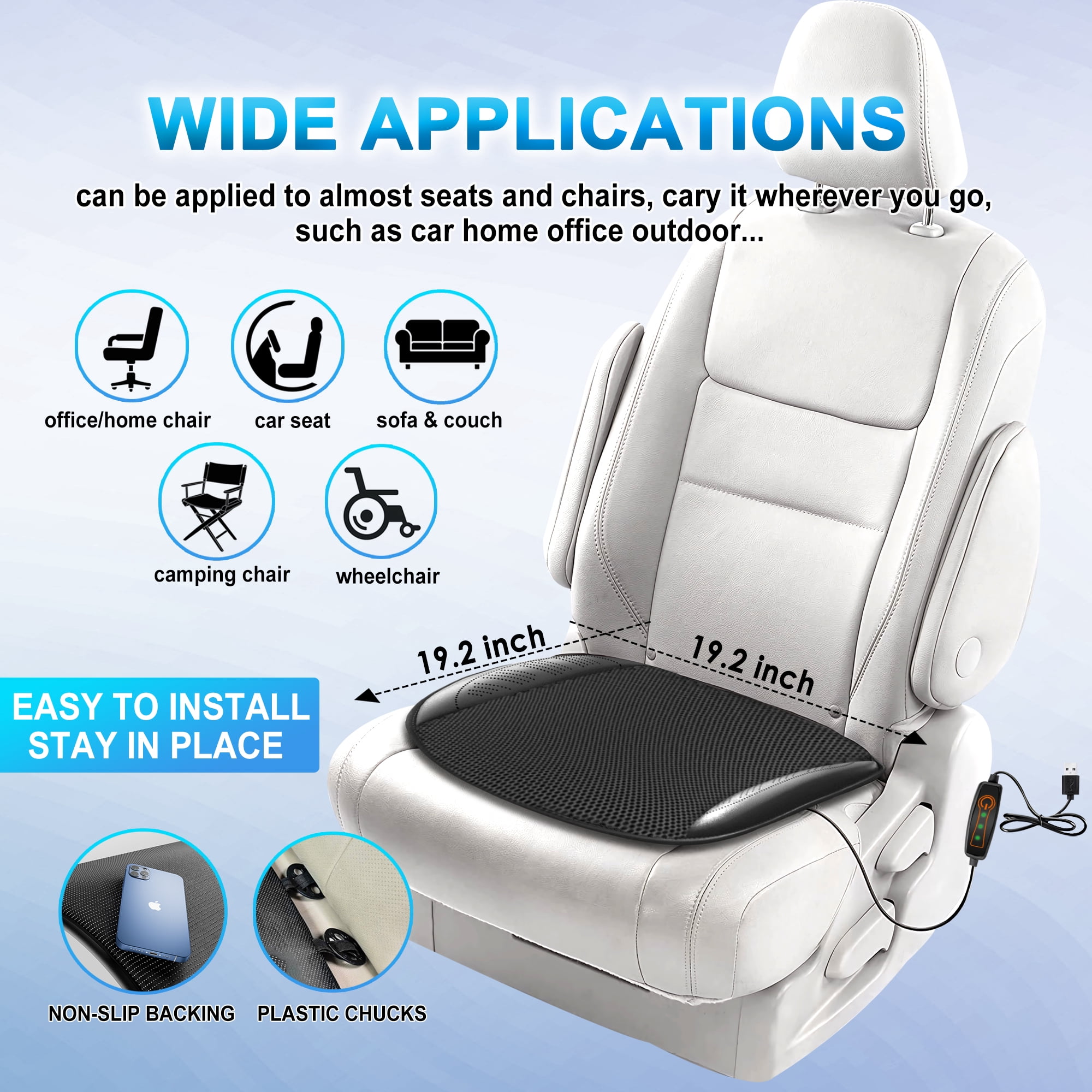 Practisol USB Cooling Seat Cushion for Office Chair Car SUV Truck Home Outdoor,  Summer Ventilated Cooling Car Seat Cover with 5 Fans, Universal Breathable Seat Cooler Pad