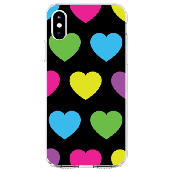 DistinctInk Clear Shockproof Hybrid Case for iPhone XR (6.1" Screen) - TPU Bumper, Acrylic Back, Tempered Glass Screen Protector - Black Multi Color Hearts
