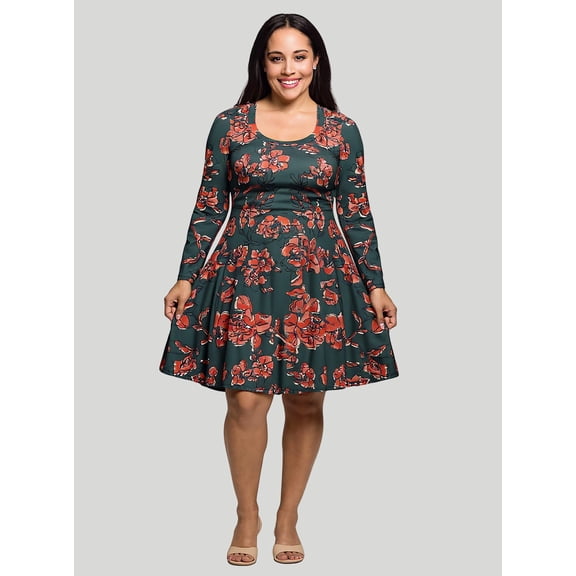 Plus Size Floral Long Sleeve Mini Skater Dress