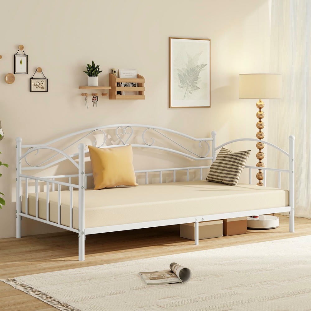 Barara King Twin Size Metal Bedroom Trundle Bed Frame with Headboard, Bed Platform Frame for Bedroom, Apartment, White