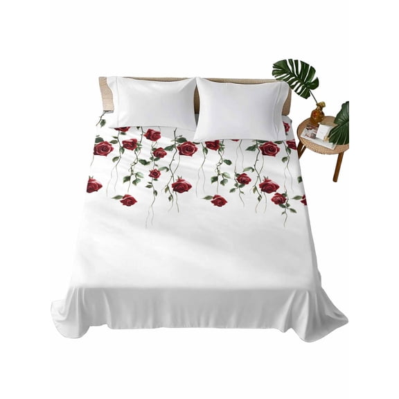 Twin XL Flat Sheet 66"x102", Red Roses Soft Lightweight Bedding Flat Sheets Only, Spring Floral Summer Botanical Weeping Brushed Microfiber Top Bed Sheet, Breathable StainResistant Bedsheets