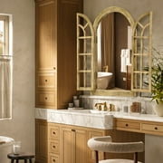 TEWLOSS Arched Wall Mirrors 36x24 Window Mirror Farmhouse Decor Wood Frame for Bedroom, Natural