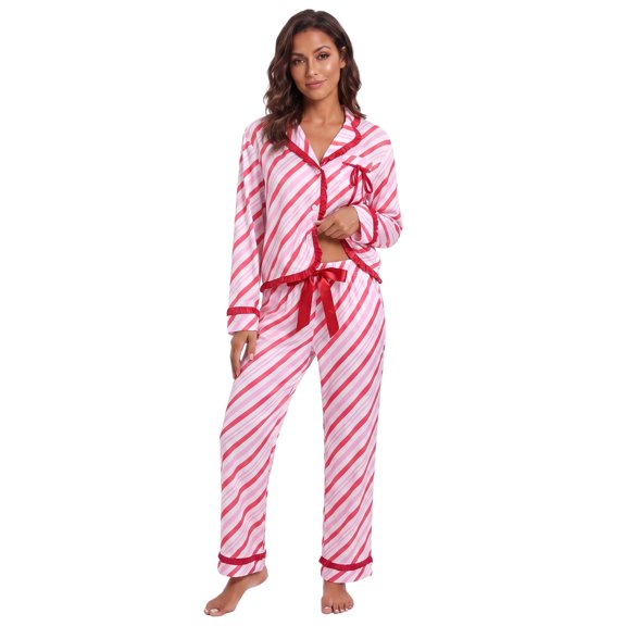LMLYSoH Women Christmas Pajamas Set, Striped Long Sleeve Tops and Tie Waist Pants