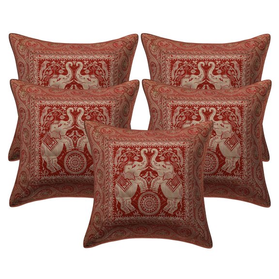 Stylo Culture Ethnic Sofa Throw Pillow Covers 16x16 Jacquard Rust Square 40x40 cm Living Room Lounge Decor Brocade Elephant Floral Zippered Cushion Covers | Set Of 5