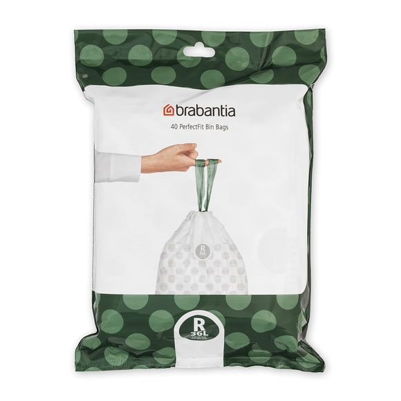 Brabantia Sacs à Ordures PerfectFit (Taille R/9,5 Gal) Doublures Épaisses en Plastique pour Poubelle avec Poignées à Cordon (40 Sacs)