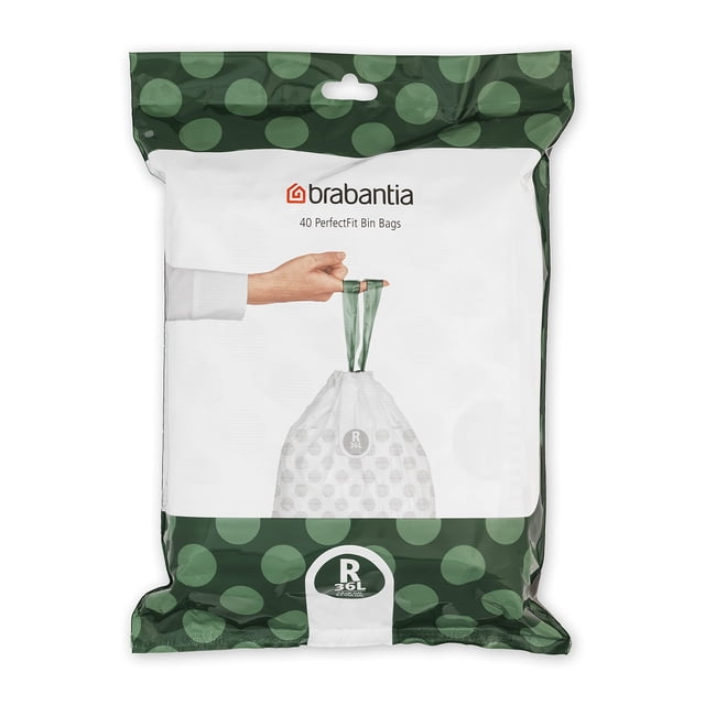 Brabantia PerfectFit Trash Bags (Size R/9.5 Gal) Thick Plastic Trash Can Liners with Drawstring Handles (40 Bags)