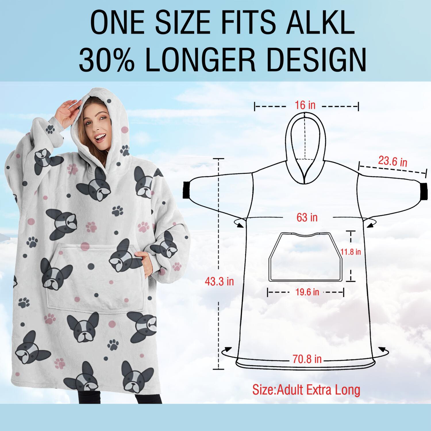 Oversized Wearable Blanket Hoodie,French Bulldog Sherpa Blanket Hoodie with Super Pockets,Super Warm Fuzzy Pullover for Women & Men