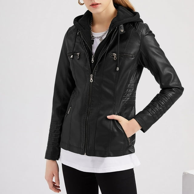 LOVZFMLL Vestes pour Femmes Veste en Cuir à Manches Longues de Couleur Unie Veste Zippée Poche Veste Courte de Printemps pour Femmes