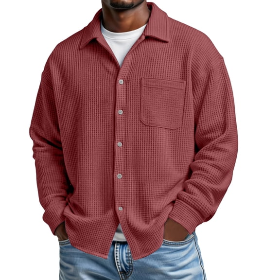 ZCFZJW Men's Button Down Shirt Texture Wrinkle Free Shirts Long Sleeve Waffle Untucked Shirt with Pockets Lightweight Thin Jackets Tops Watermelon Red XL