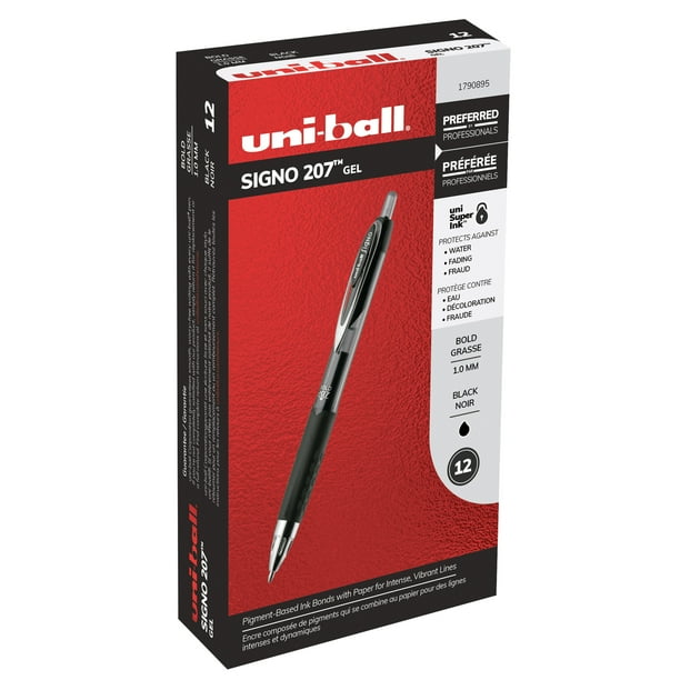 uniball 207 Retractable Gel Pens, Bold Point (1.0mm), Black, 12 Count