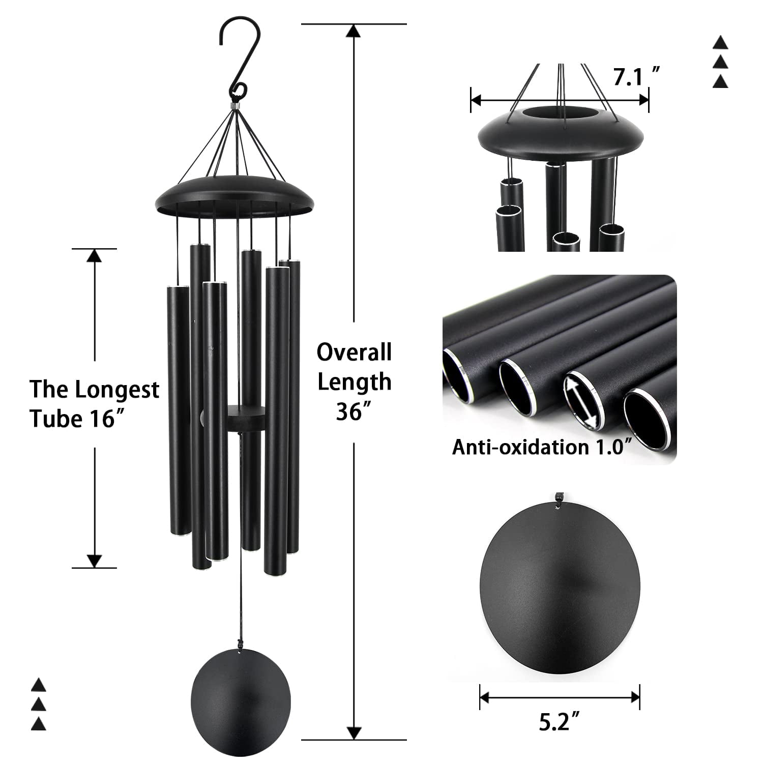 Outdoor Memorial Wind Chimes  36 In With 6 Heavy Tubes Deep Tone For Garden Hanging Decor Sympathy Gifts. Black