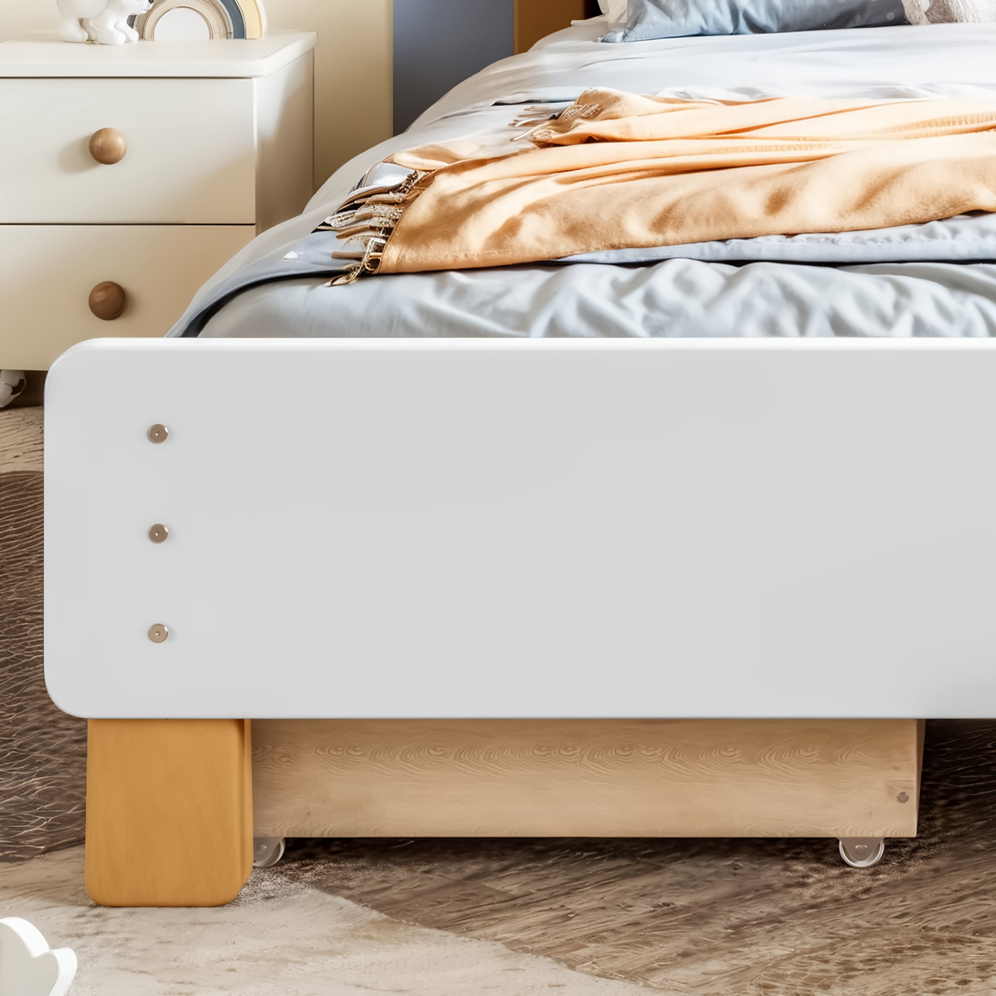 Leumius Twin Size Platformbed Frame with Storage Drawer, Wood Twin Bed Frame with Round Headboard for Bedroom White & Natural