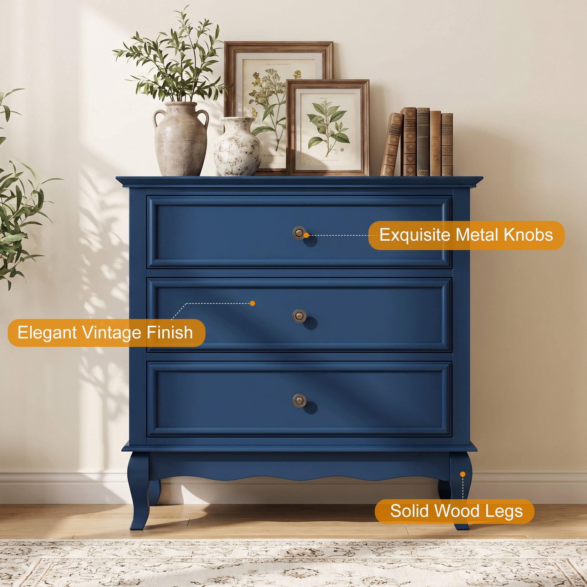 vintage blue dresser May in Color Dresser, 3 Drawer with Storage, Modern End Table， Wood Dresser Cabinet for Bedroom, Living Room boho painted dresser