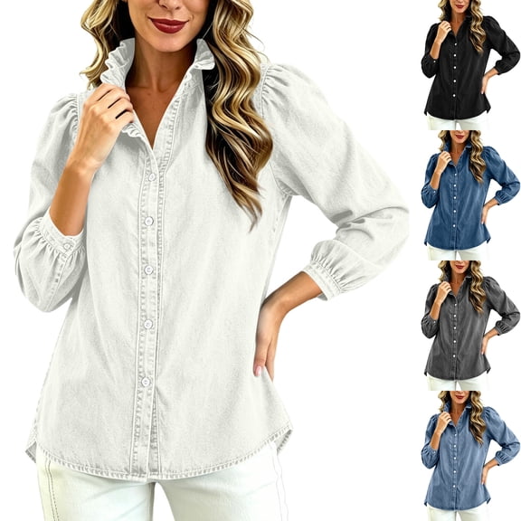 Womens Denim Button Down Shirt Puff Sleeve Blouses Ruffled Collar Curved Hem Jean Jacket for Business Casual Office Workwear Elegant, White, XL