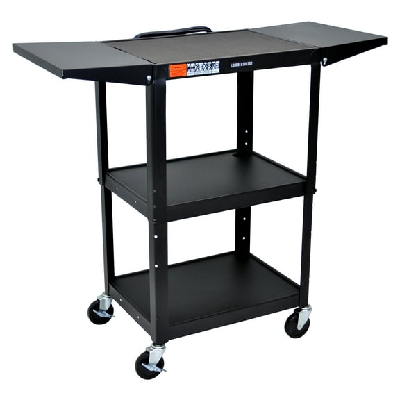 Luxor Leader Adjustable-Height Three-Shelf Media Utility Cart with Drop Leaf Shelves, 24" W x 18" D, Black