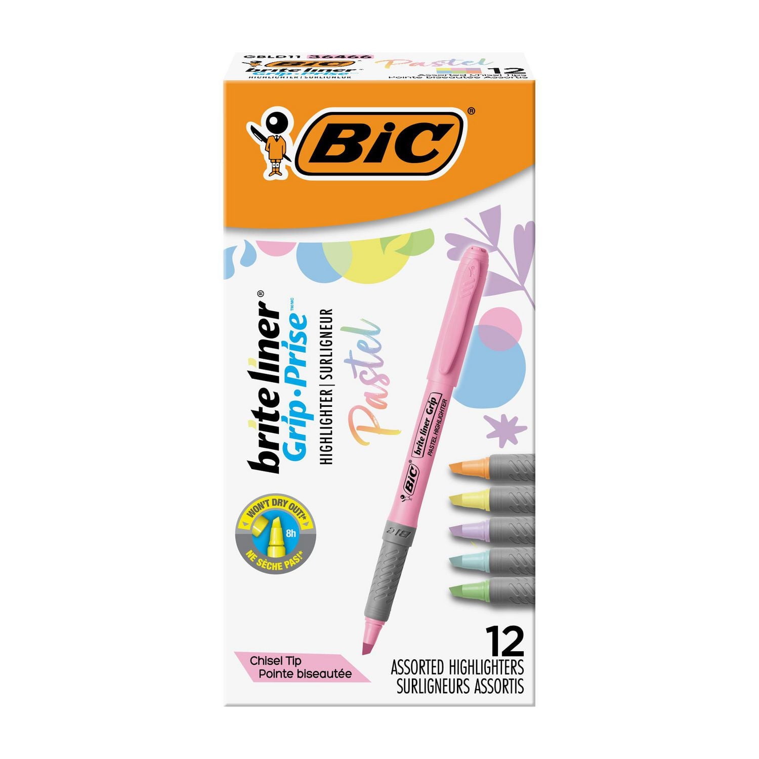 Ensemble de surligneurs pastel grip BIC Brite Liner, pointe biseaute, bote de 12 surligneurs pastel de couleurs assorties, jolis surligneurs pour la rdaction de carnets, la prise de notes, etc.