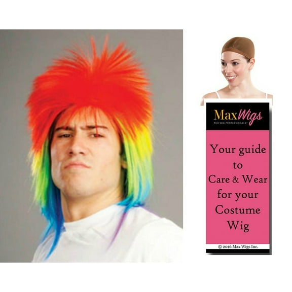 Rainbow Punk Rocker - Enigma Wigs Clown Parade Mardi Gras Spiky Cosplay Bundle w/ Cap, MaxWigs Costume Wig Care Guide