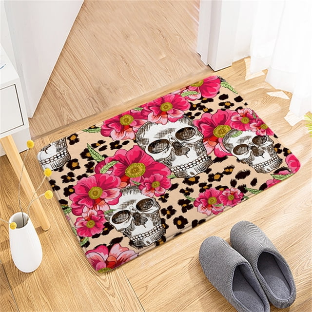 Alfombrilla de puerta con estampado de franela de calavera de Halloween, alfombrilla antideslizante absorbente para baño Wmkox8yii HFSH5496