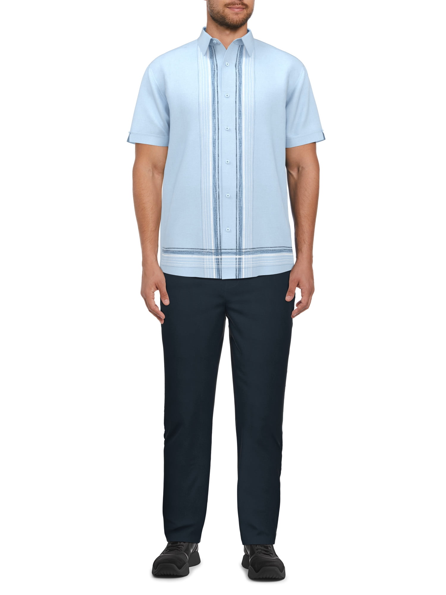Cafe Luna Men’s Linen Blend Linear L-Shape Print Short Sleeve Shirt, up to Size 5XL