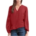 thumbnail image 1 of AherBiu Hauts à Manches Longues pour Femmes Blouse en Coton et Lin Demi-Boutonnage Col en V Hauts de Sortie pour Femmes, 1 of 5