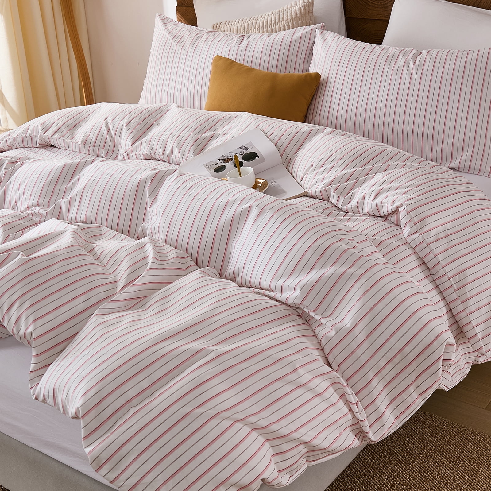 100% Cotton Stripe Duvet Cover Set Queen Size - Gray Striped Duvet Cover Set with Zipper Closure & 8 Corner Ties, Modern Minimalist Wide Stripe Bedding Set for Cozy Elegant Bedroom