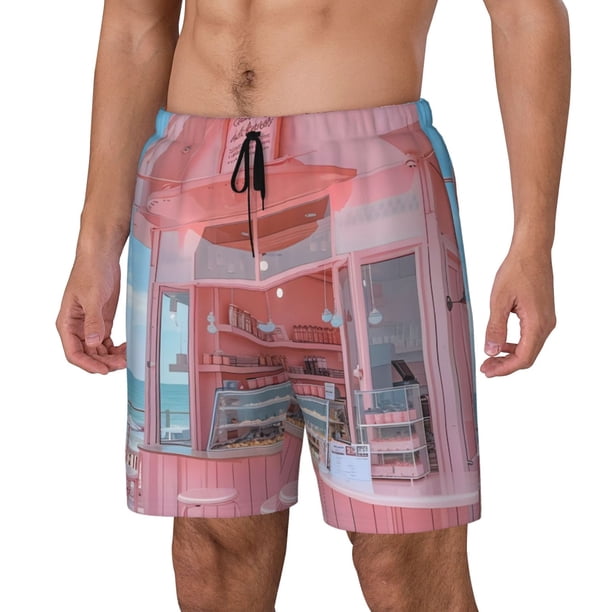 Balery Pastel Pink Beach Cafe Bañador para hombre, shorts de playa de secado rápido con entrepierna y forro de compresión-X-Large