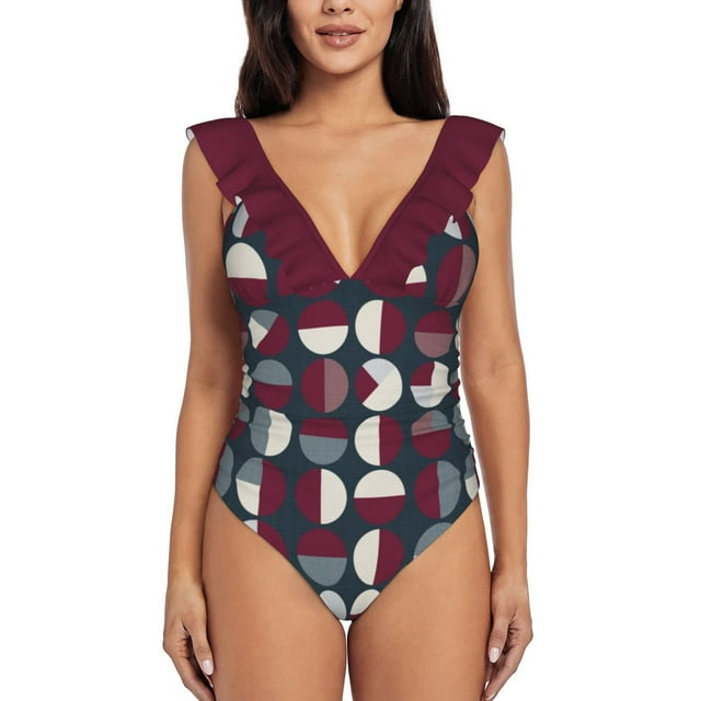 Pattern Circle Print One Shoulder Ruffle Swimsuits One Piece Swimsuit Women Swimwear Beach Bathing Wear